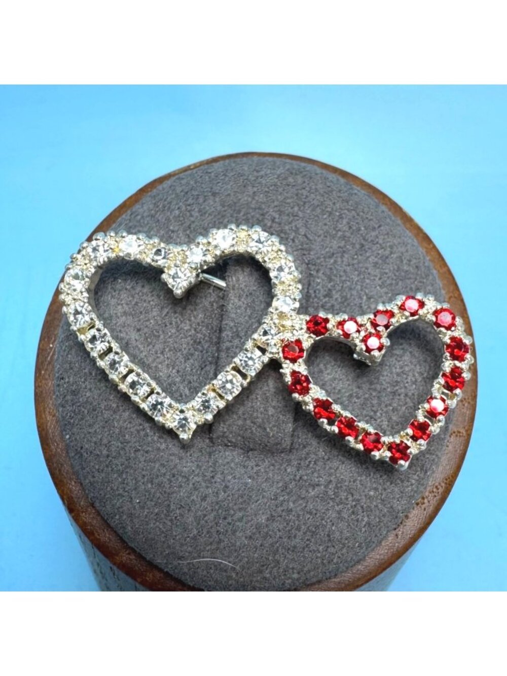 Red & White Cubic Zirconia Sterling Silver 925 Heart Brooch Size 1.5'' Length